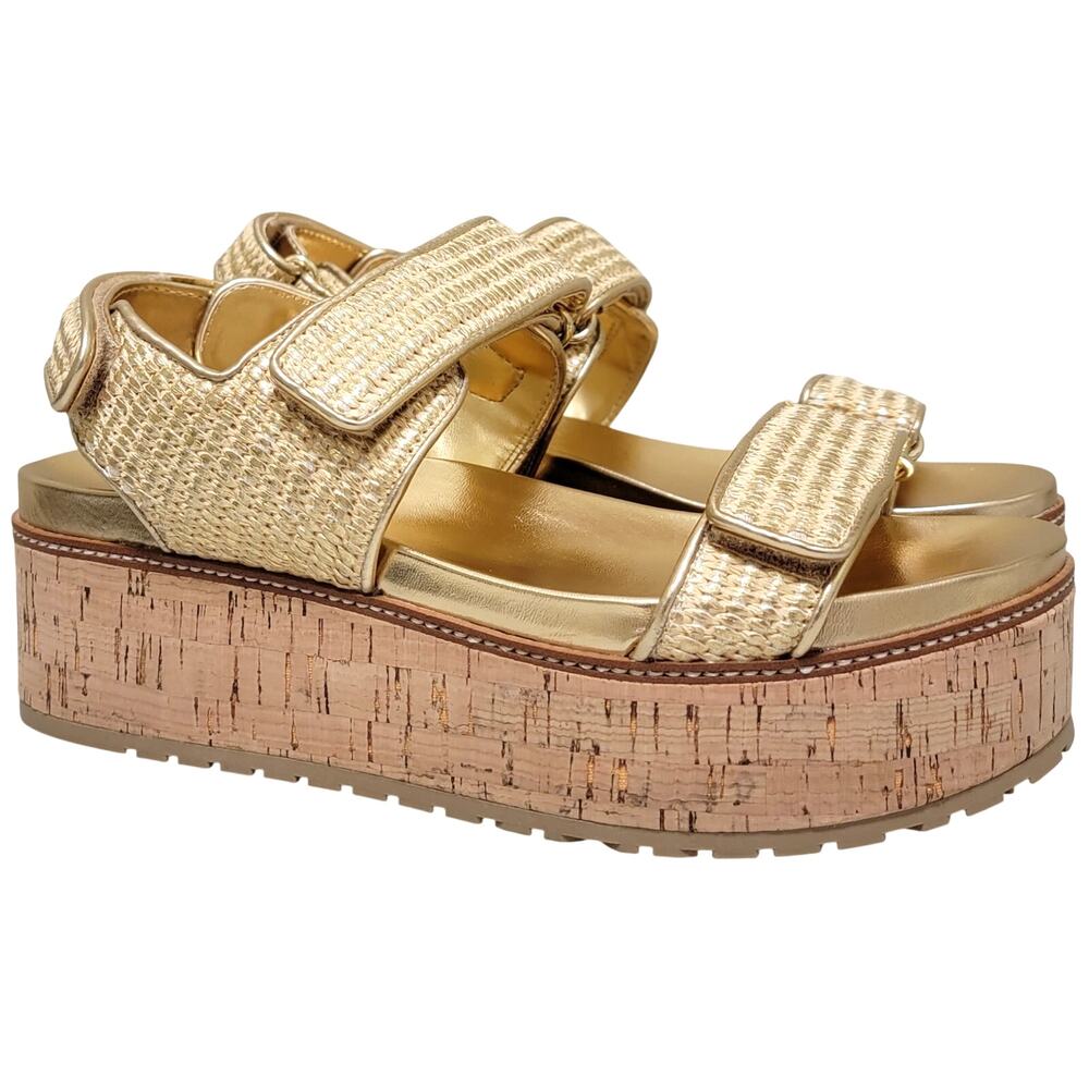 Nine West Women Heavin Cork Platform Slingback Sandal Size US 9.5M Gold Metallic